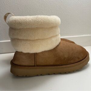 UGG Fluff Mini Quilted Suede Women Boots sz 7 Chestnut